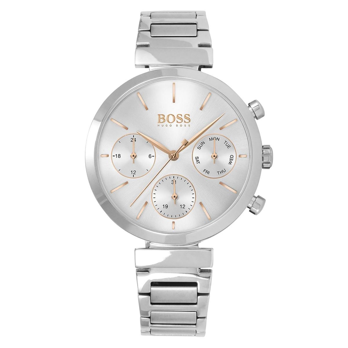 Hugo Boss Flawless silver chronograph women's watch with white dial and rose gold accents