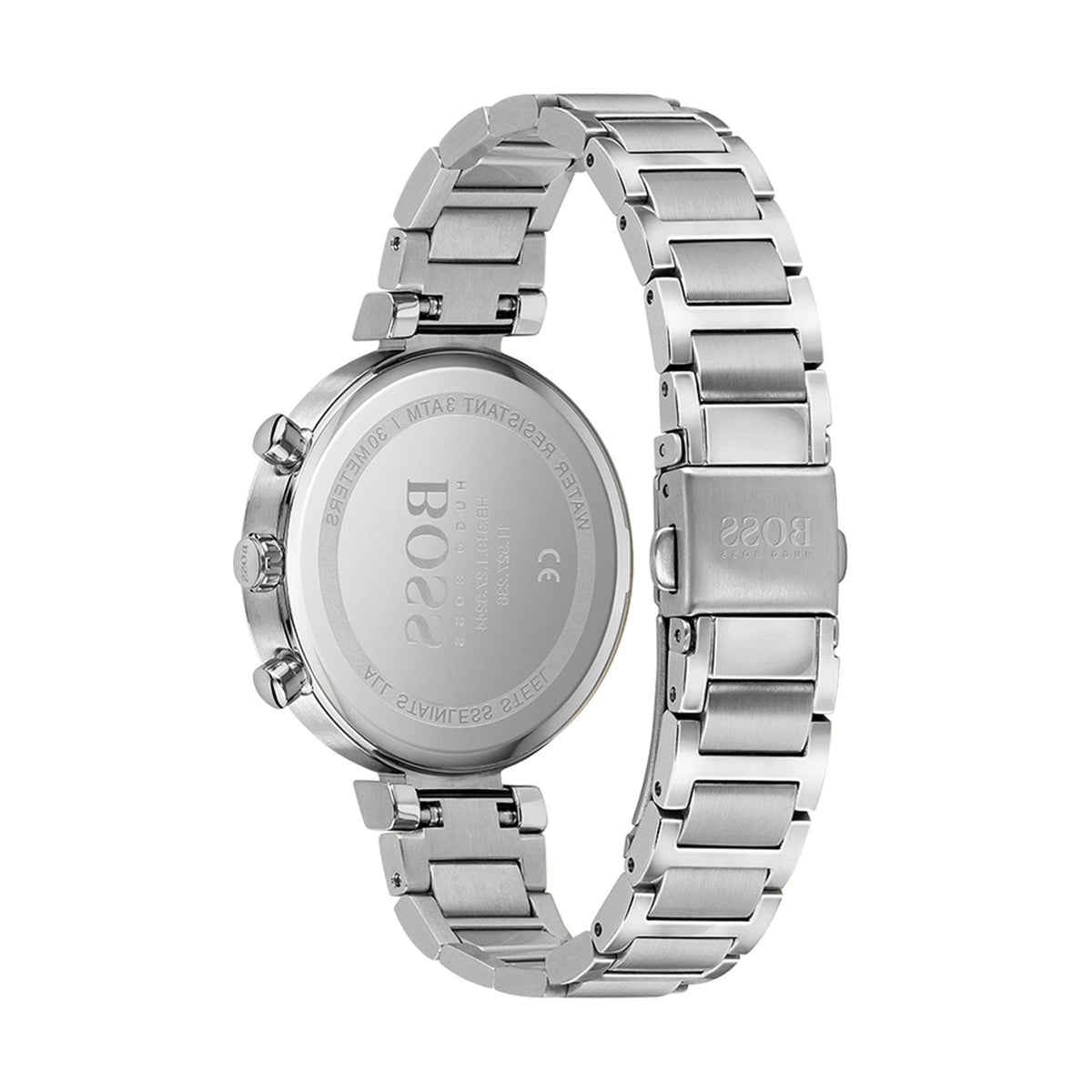 Hugo Boss Flawless watch caseback showing silver stainless steel with engraved branding