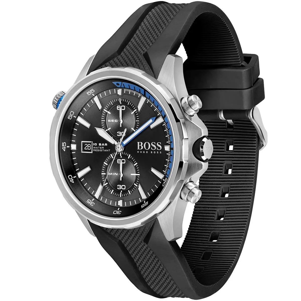 Hugo Boss Globetrotter chronograph watch angled view showing dial and black strap
