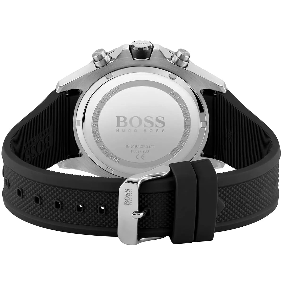 Hugo Boss Globetrotter caseback showing stainless steel back with logo and specifications