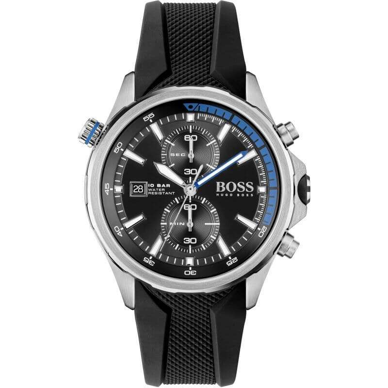 Hugo Boss Globetrotter black dial chronograph with silver case and black silicone strap