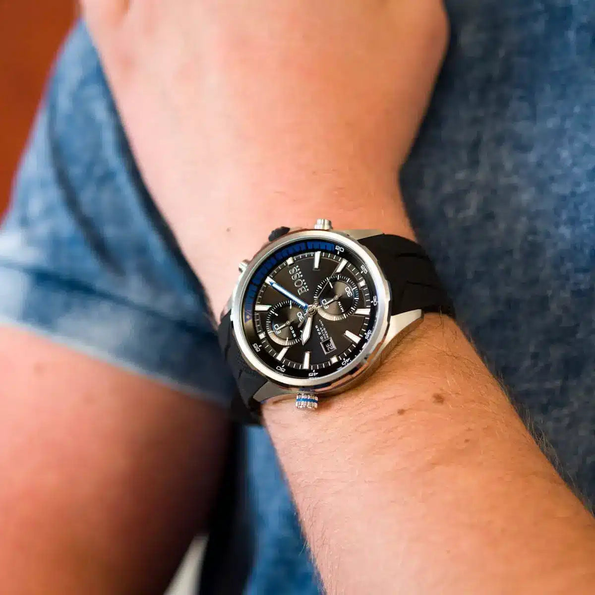 Hugo Boss Globetrotter men's chronograph watch worn on wrist with black strap