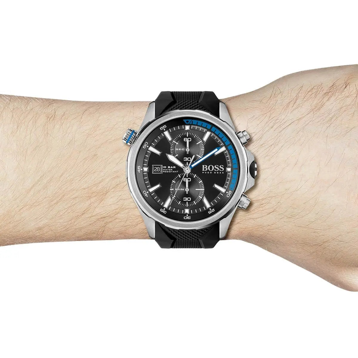 Hugo Boss Globetrotter chronograph on wrist showing black dial and blue accents
