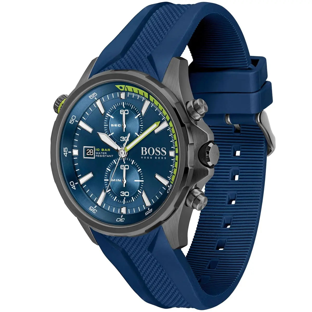 Hugo Boss Globetrotter chronograph watch at angle showing dial and rubber strap