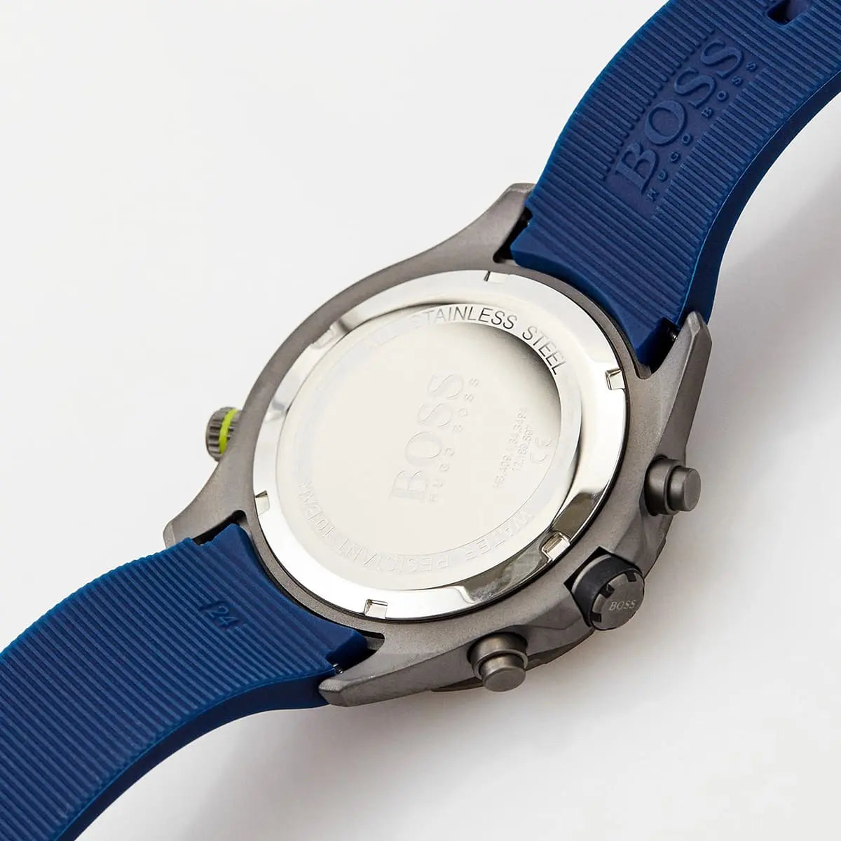 Hugo Boss Globetrotter watch caseback detail showing stainless steel case and strap