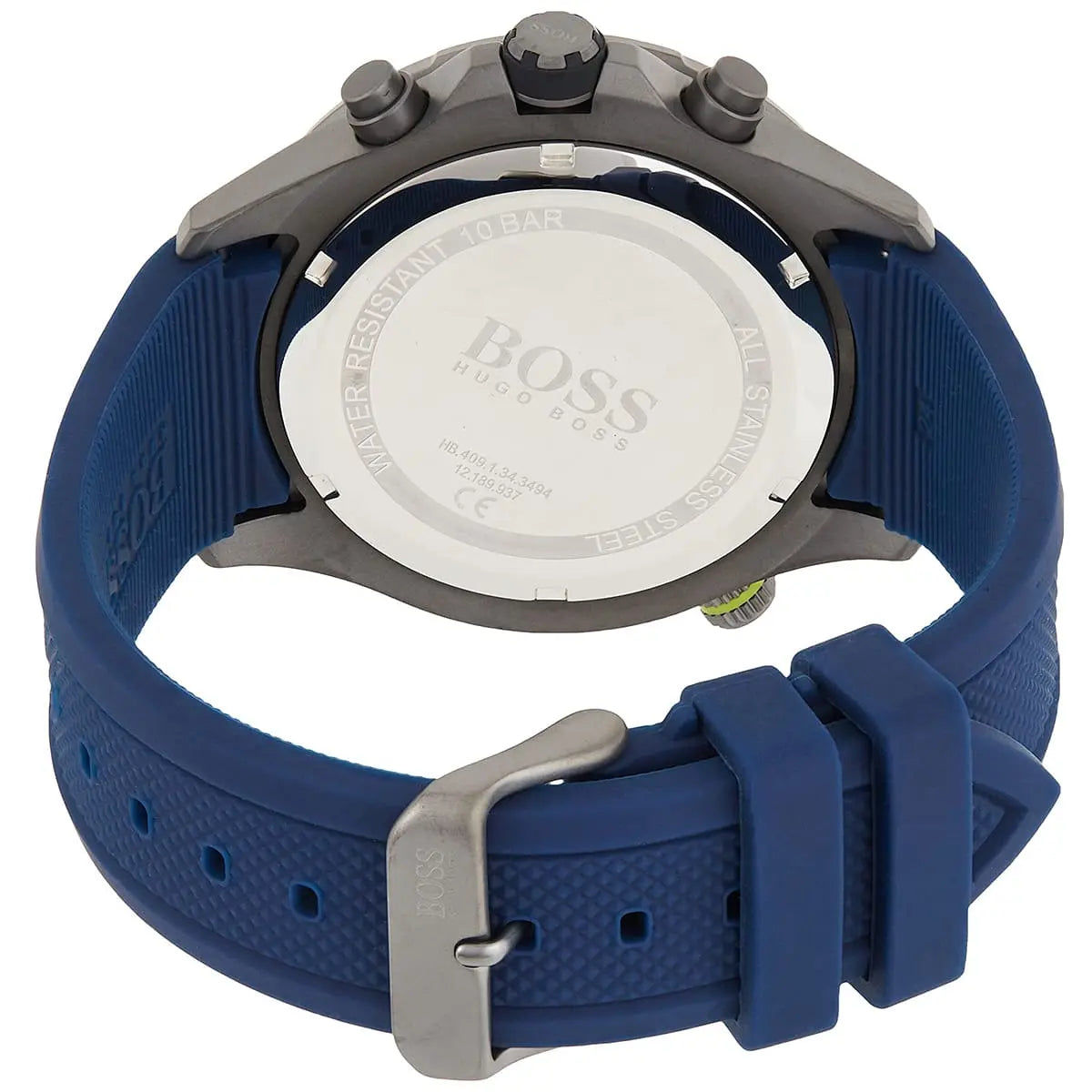 Hugo Boss Globetrotter watch with caseback visible and blue rubber strap