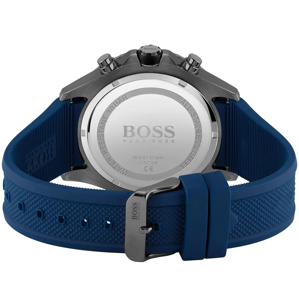 Hugo Boss Globetrotter watch caseback with stainless steel casing and blue strap