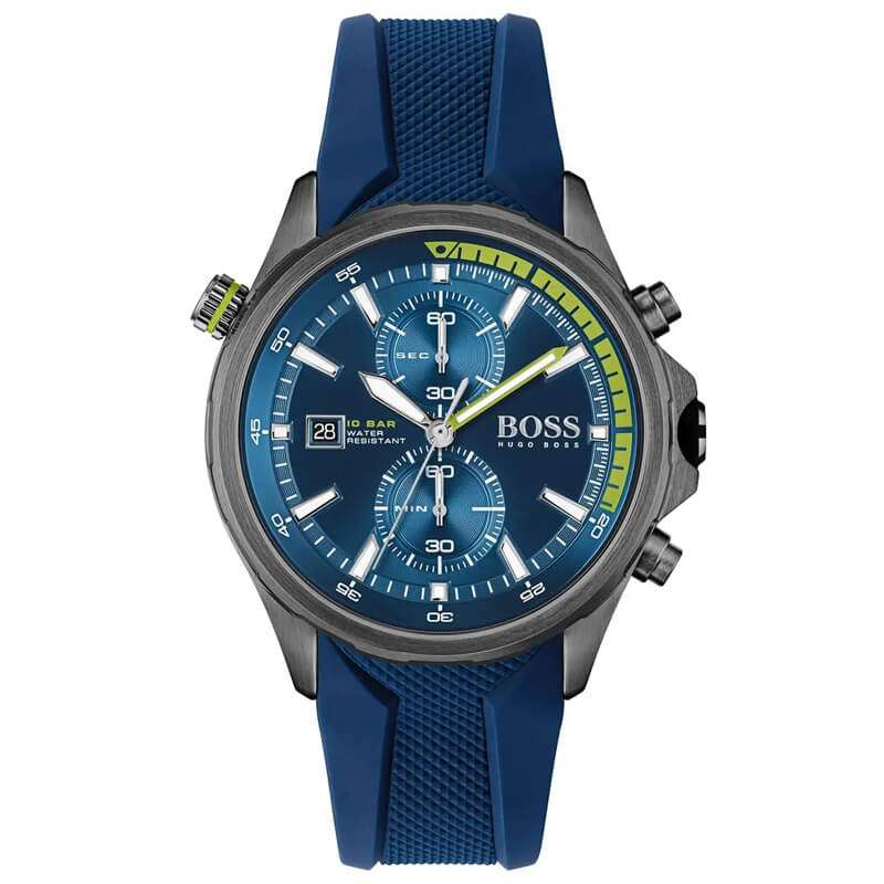 Hugo Boss Globetrotter chronograph watch with blue dial and blue rubber strap