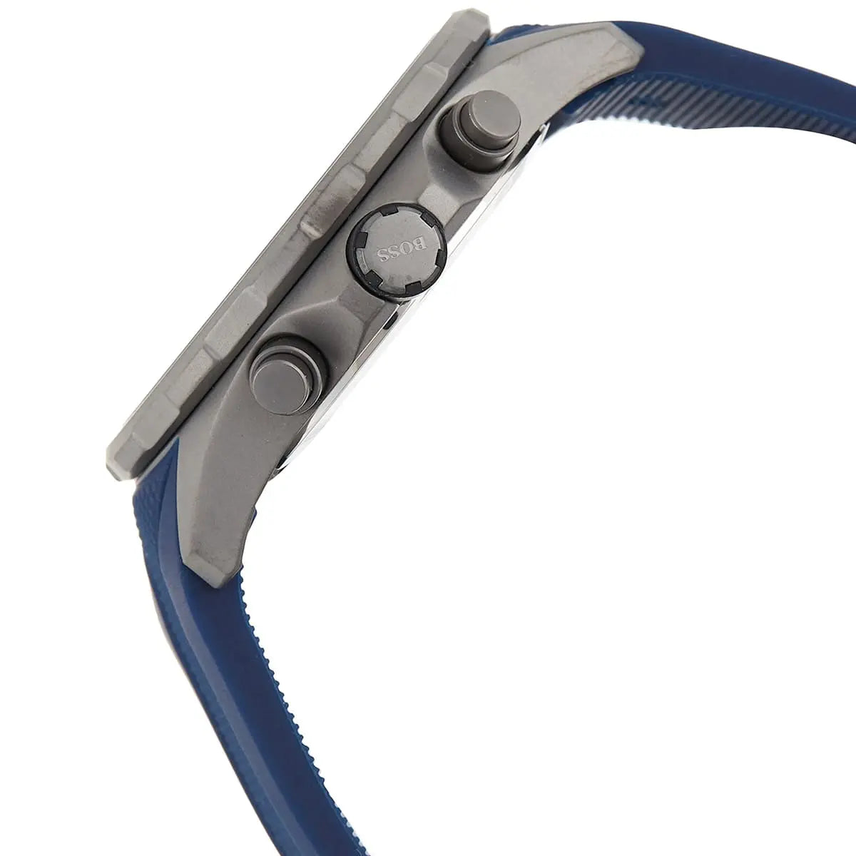 Hugo Boss Globetrotter watch side view showing chronograph pushers and blue rubber strap
