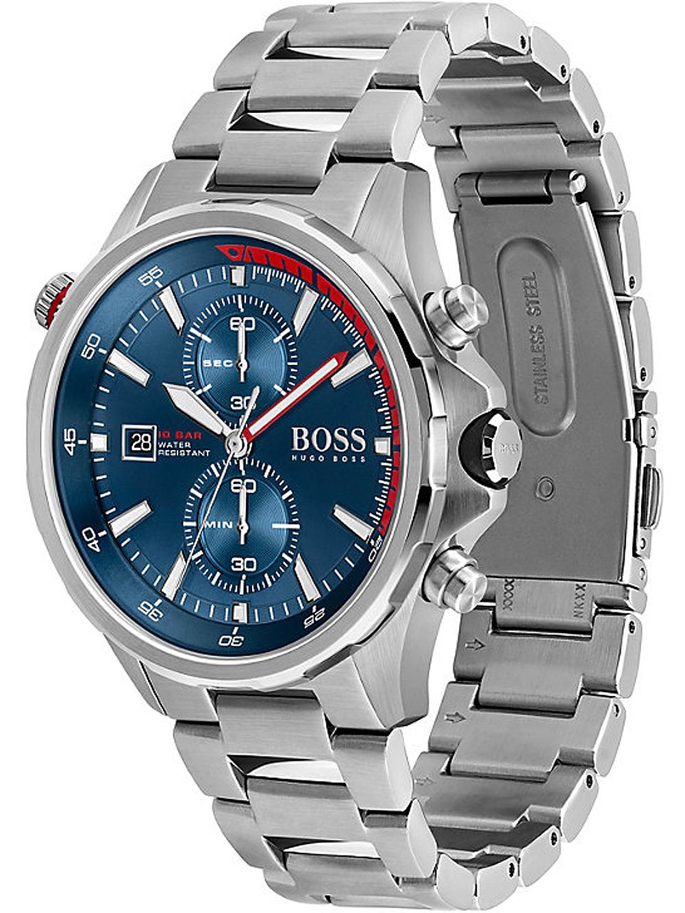 Hugo Boss Globetrotter watch shown from side angle with stainless steel bracelet