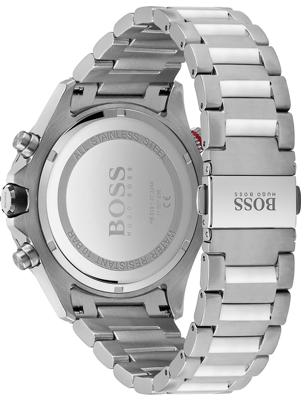 Hugo Boss Globetrotter watch caseback showing stainless steel with engraved branding