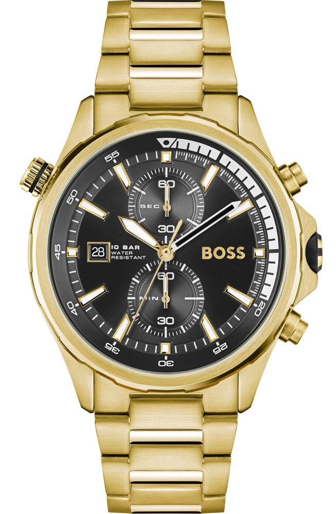 Hugo Boss Globetrotter gold chronograph watch with black dial and gold link bracelet