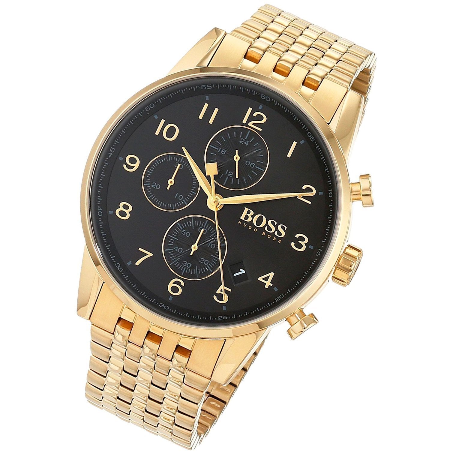 Hugo Boss gold chronograph watch at angle showing black dial with three subdials and gold bracelet strap