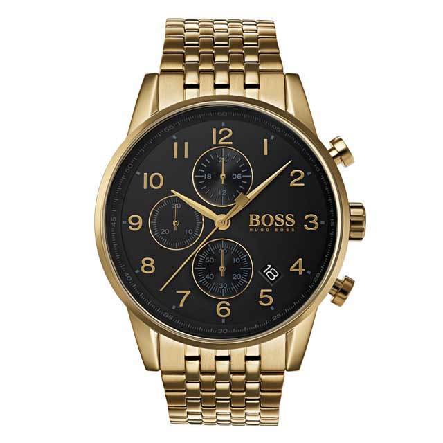 Hugo Boss gold chronograph watch with black dial, gold numerals and hands, three subdials, and integrated gold bracelet