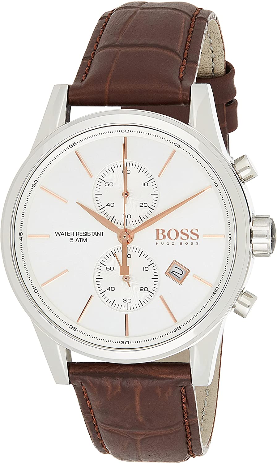 Hugo Boss Grand Prix chronograph watch displayed from angle with brown leather strap