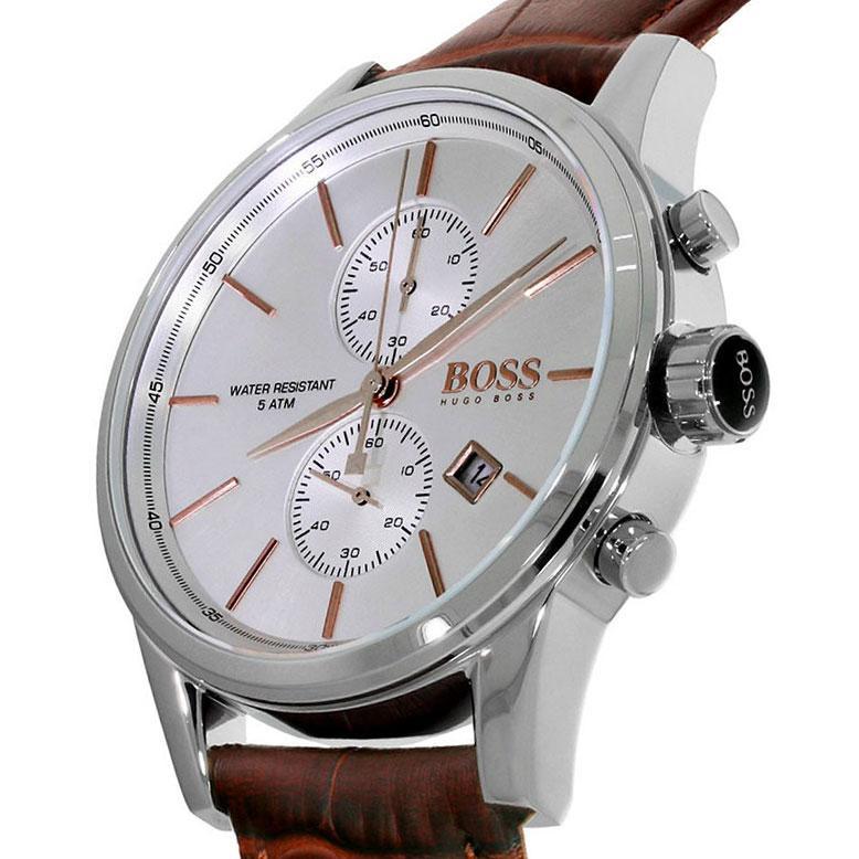 Hugo Boss Grand Prix chronograph dial detail showing rose gold hands and indices