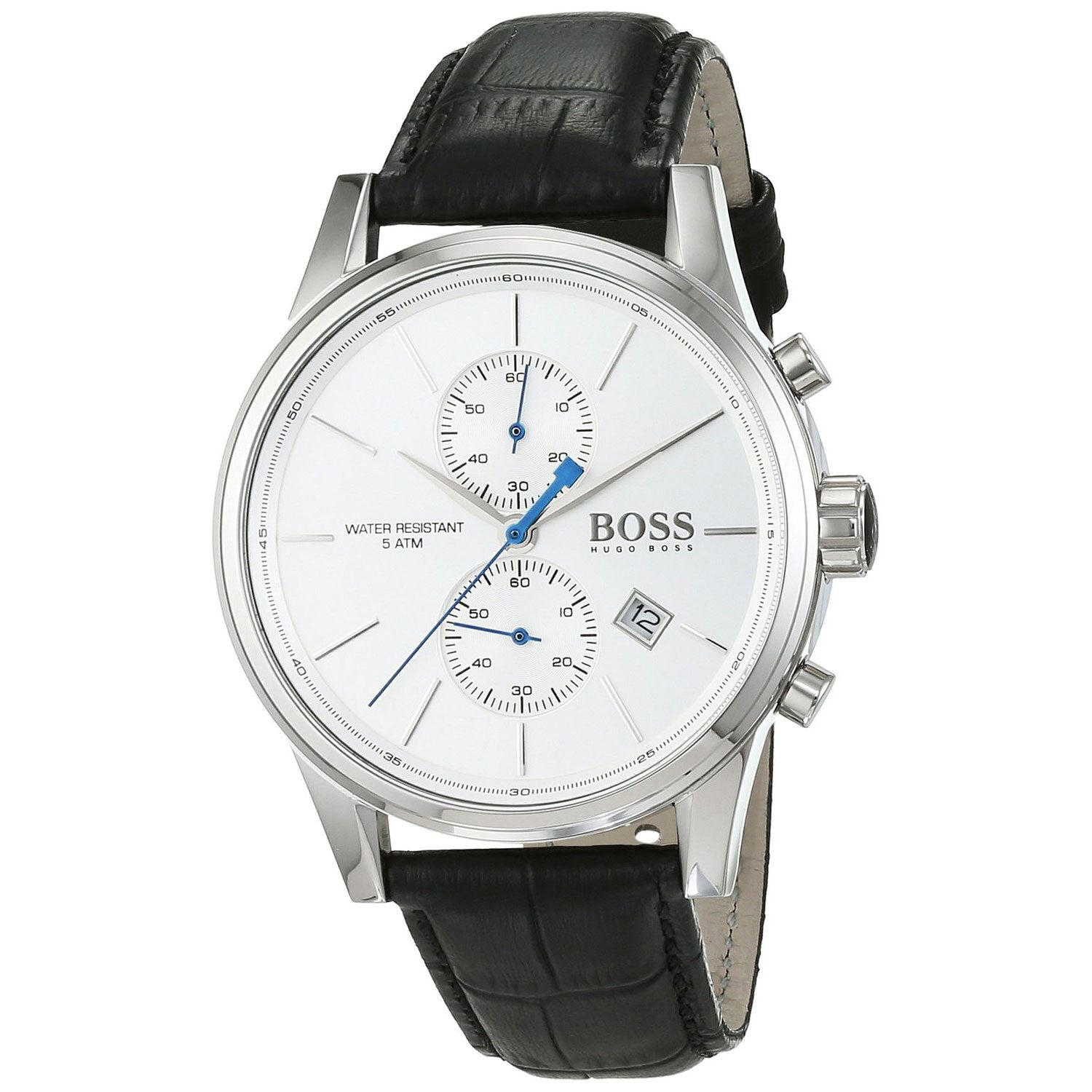 Hugo Boss Grand Prix chronograph men's watch angled view with black quilted leather strap