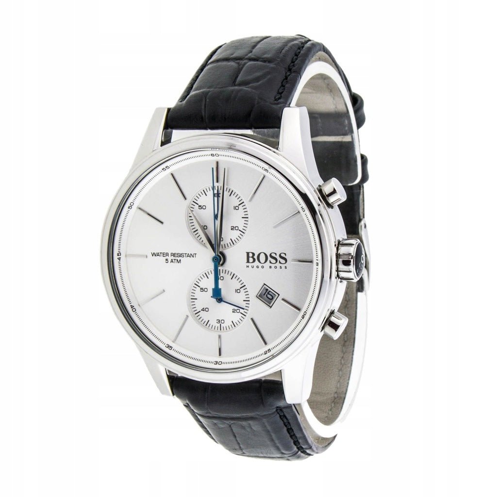 Side view of Hugo Boss Grand Prix chronograph watch with black croc-embossed leather strap