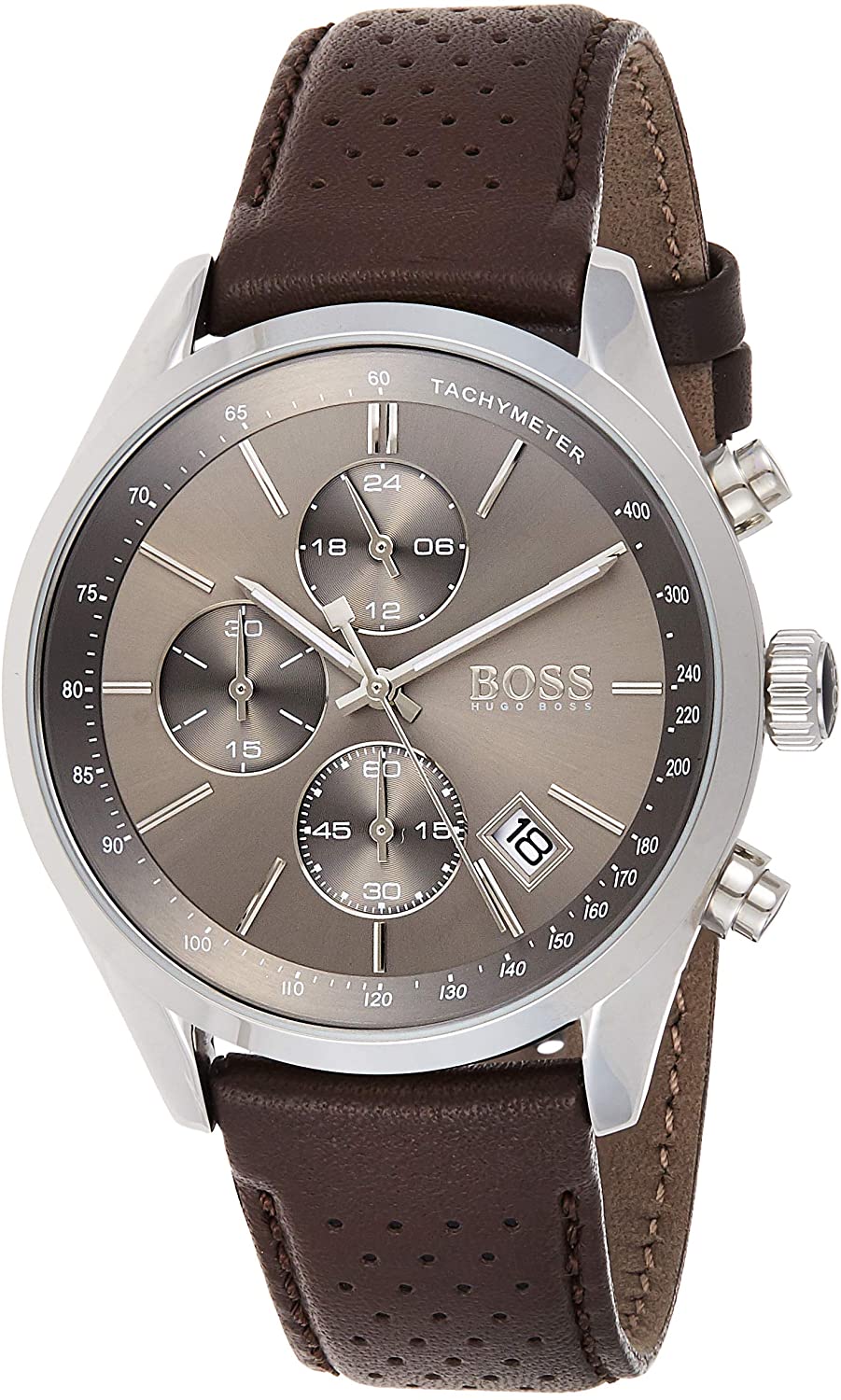 Side angle view of Hugo Boss Grand Prix chronograph with brown perforated leather strap
