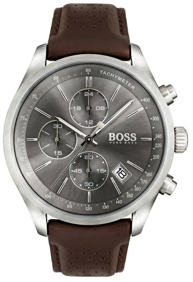 Hugo Boss Grand Prix chronograph watch with grey dial, silver case, and brown leather strap