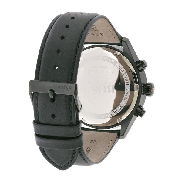 Hugo Boss Grand Prix watch caseback with black leather strap visible