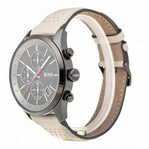 Hugo Boss Grand Prix watch with grey perforated leather strap shown from angle view