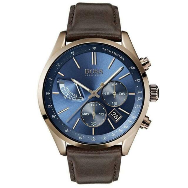 Hugo Boss Grand Prix chronograph watch with blue dial and brown leather strap