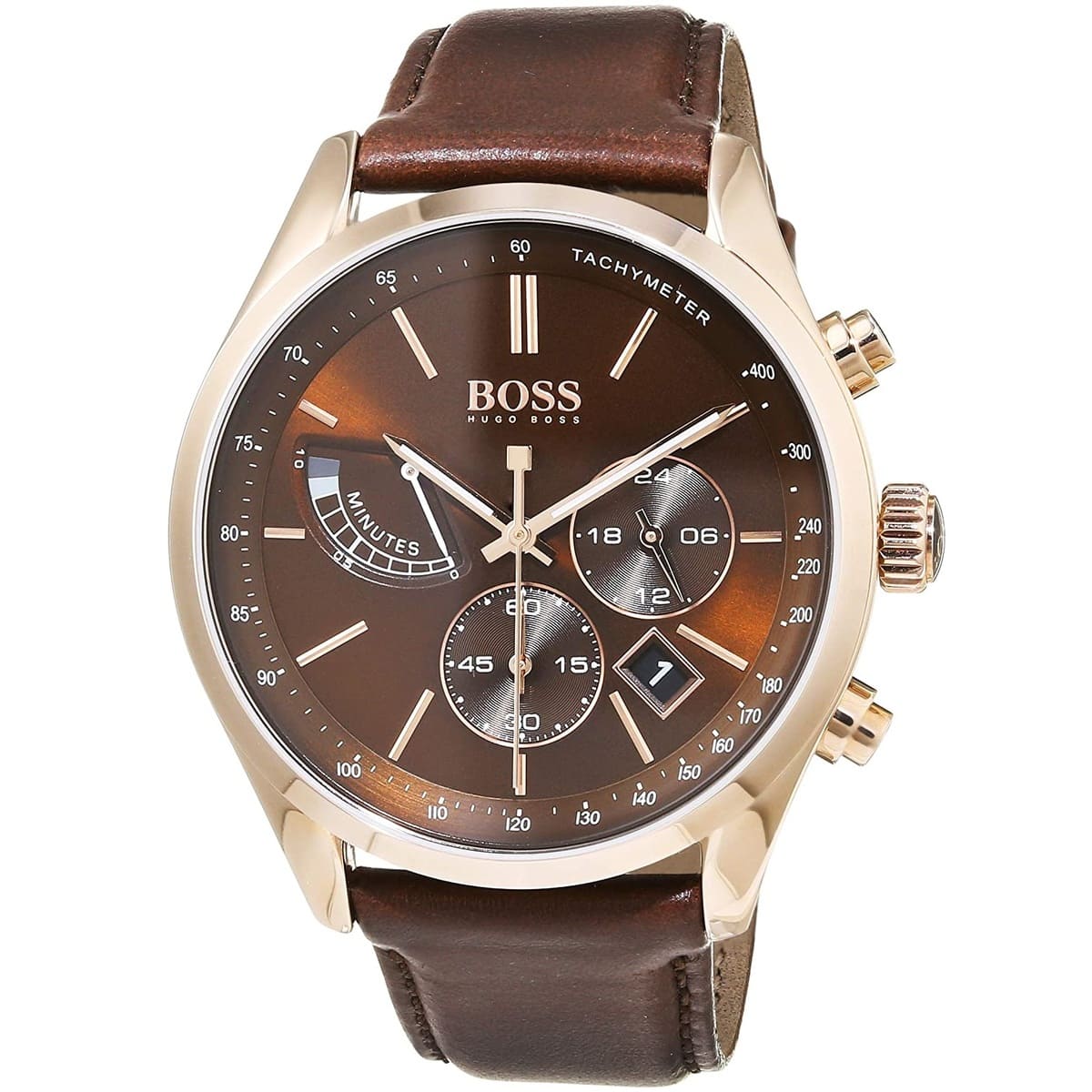 Hugo Boss Grand Prix chronograph three-quarter view with brown leather strap