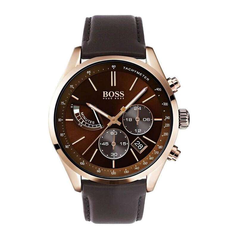 Hugo Boss Grand Prix chronograph watch with brown dial and rose gold case