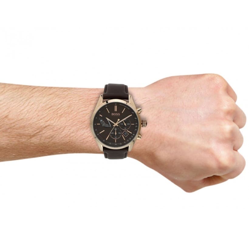 Hugo Boss Grand Prix chronograph worn on wrist with brown leather strap