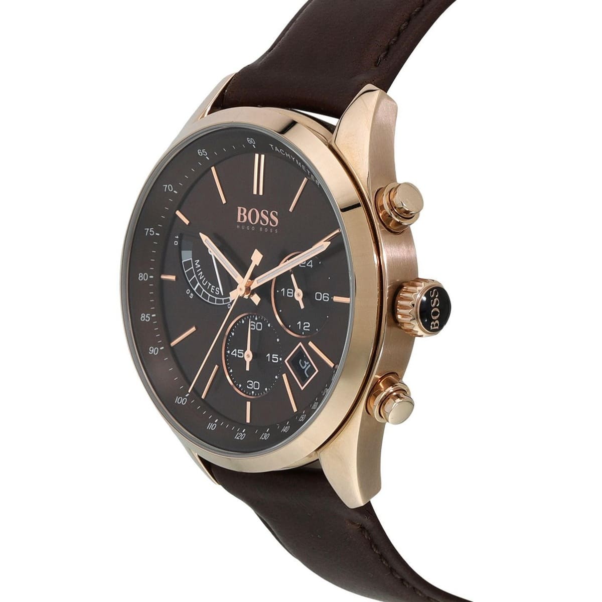 Hugo Boss Grand Prix watch side profile showing rose gold case and pushers