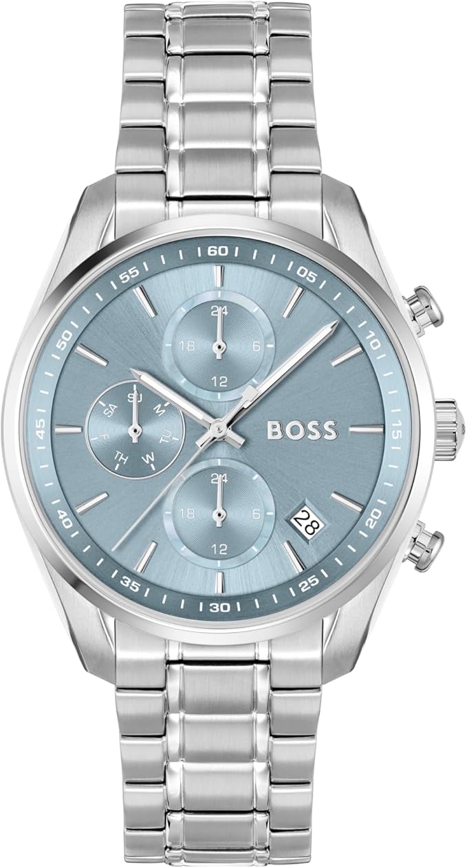 Hugo Boss Grand Tour 38mm blue dial chronograph watch with stainless steel bracelet
