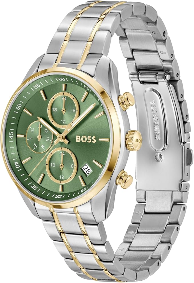 HUGO BOSS Grand Tour chronograph watch angled view showing steel and gold two-tone bracelet