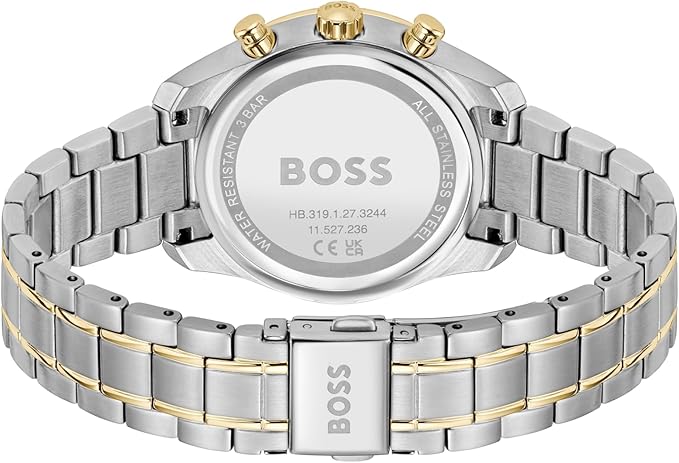 HUGO BOSS Grand Tour watch caseback showing stainless steel with gold accents and model number