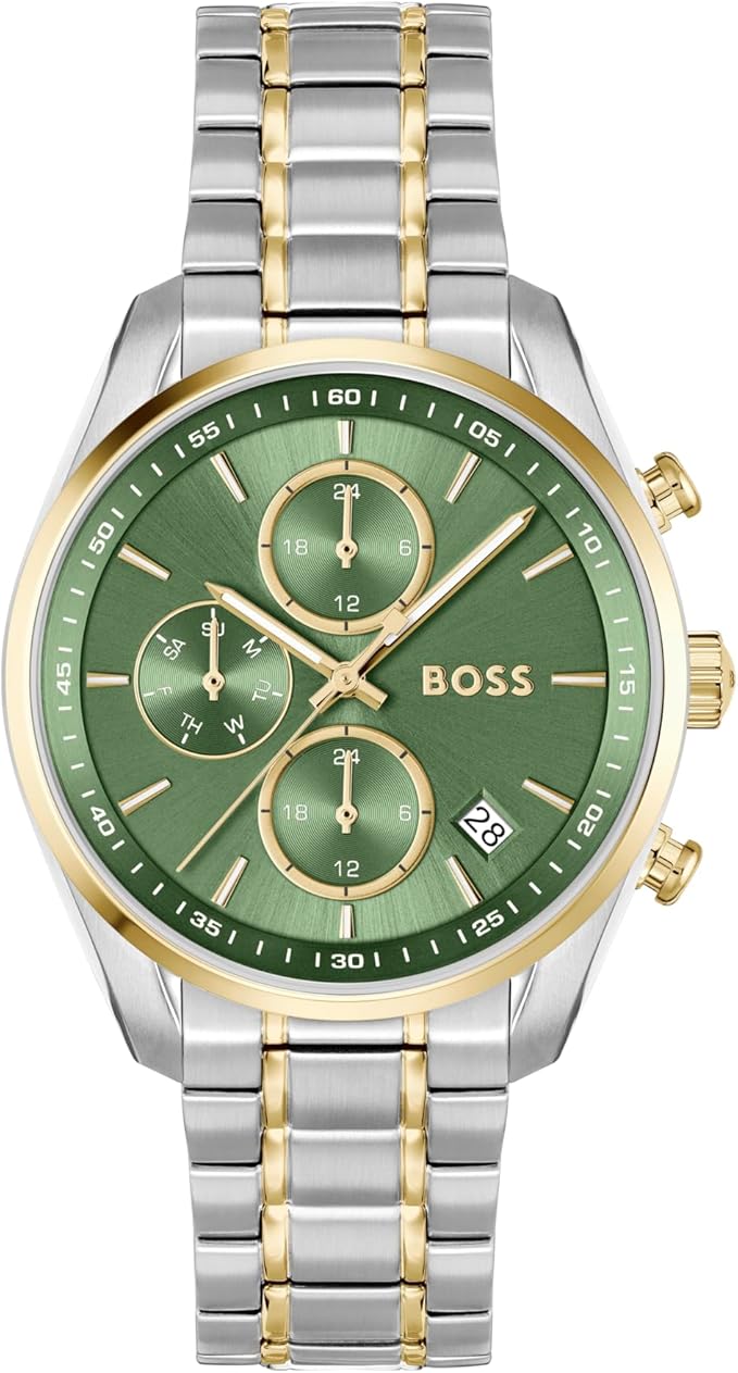 HUGO BOSS Grand Tour green dial chronograph watch with two-tone steel and gold bracelet