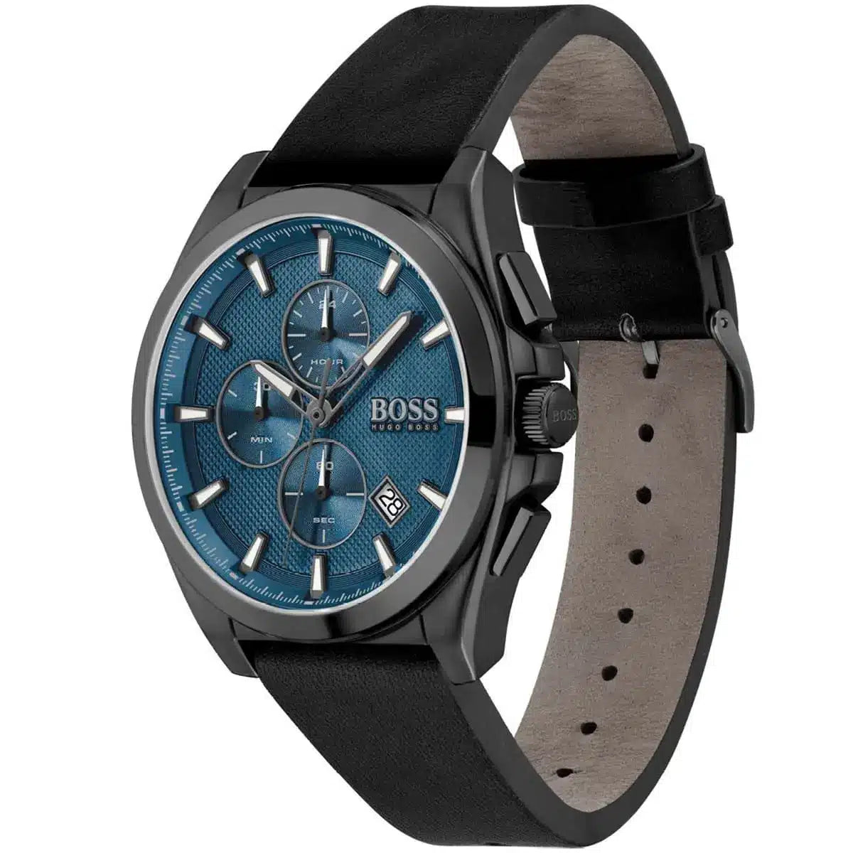Hugo Boss Grandmaster Blue Dial Black Leather Strap Watch for Men - 1513883