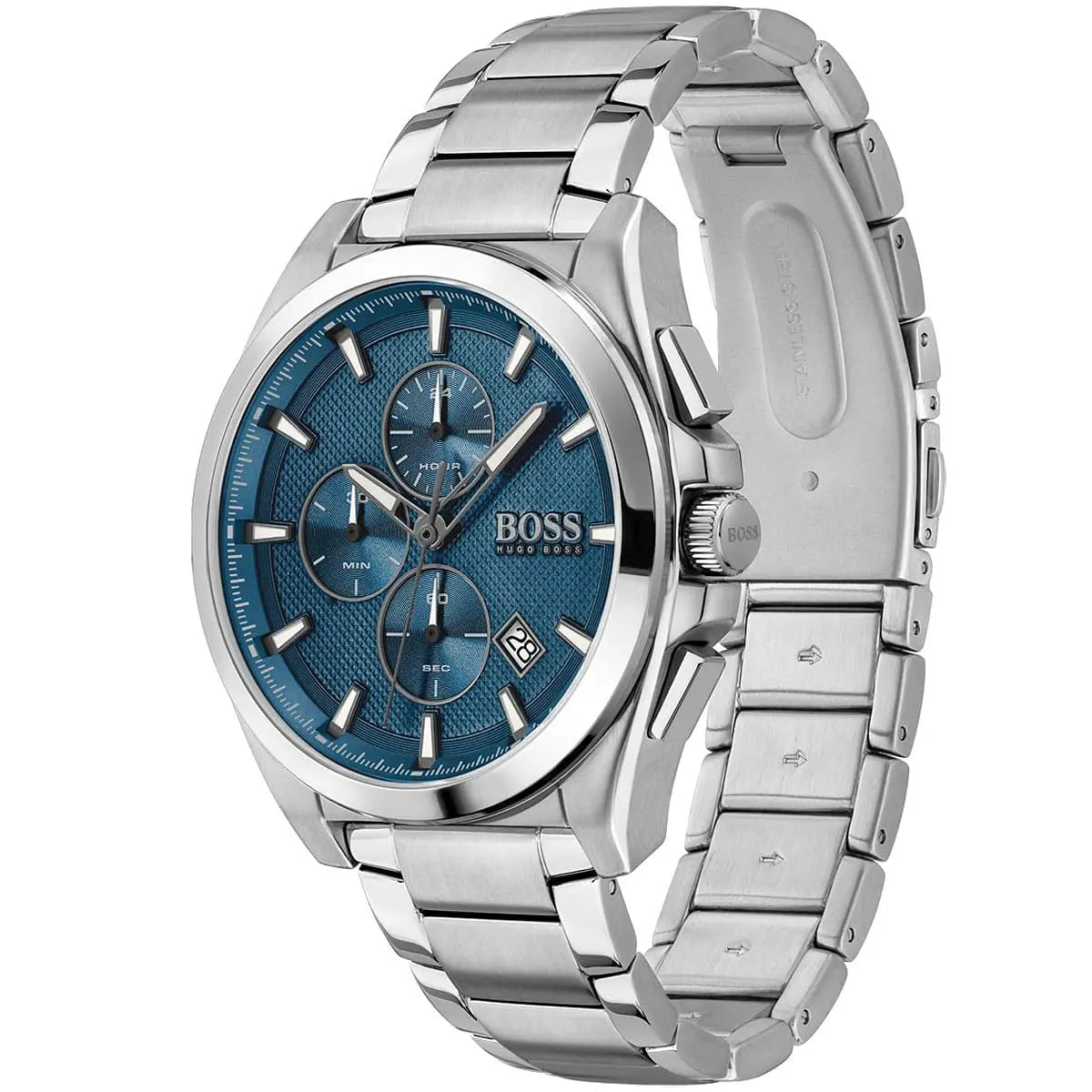 Hugo Boss Grandmaster watch showing side profile with blue chronograph dial and steel bracelet