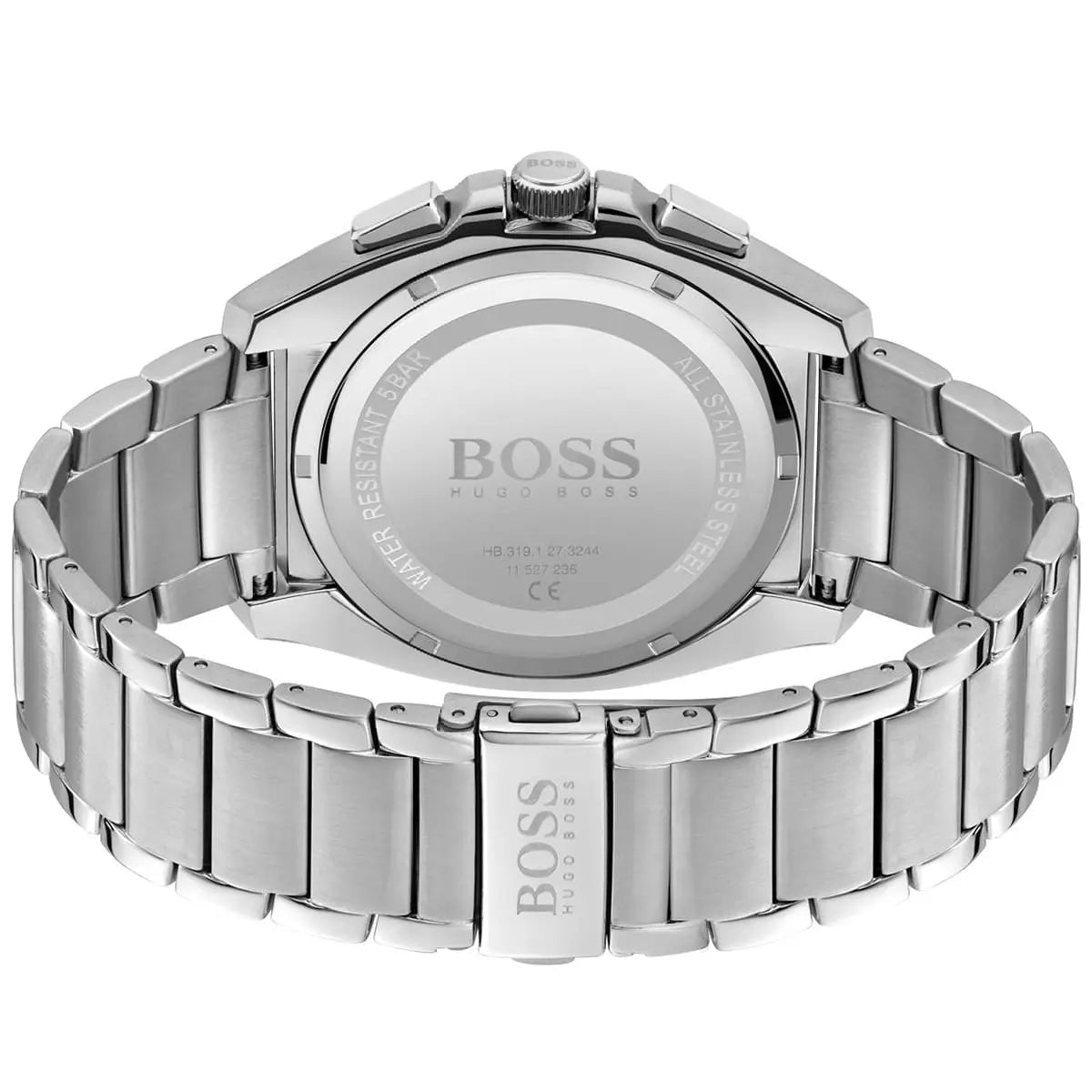 Hugo Boss Grandmaster watch caseback showing stainless steel with BOSS logo and engraving