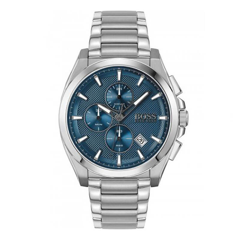 Hugo Boss Grandmaster chronograph watch with blue dial and silver steel bracelet