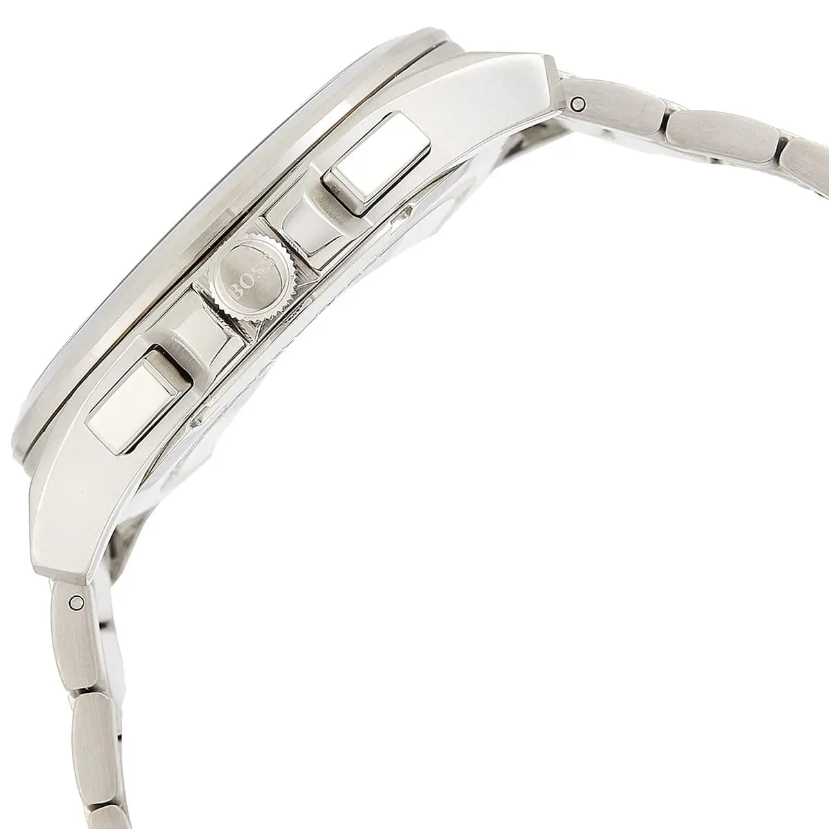 Hugo Boss Grandmaster watch side view displaying chronograph pushers and steel bracelet detail