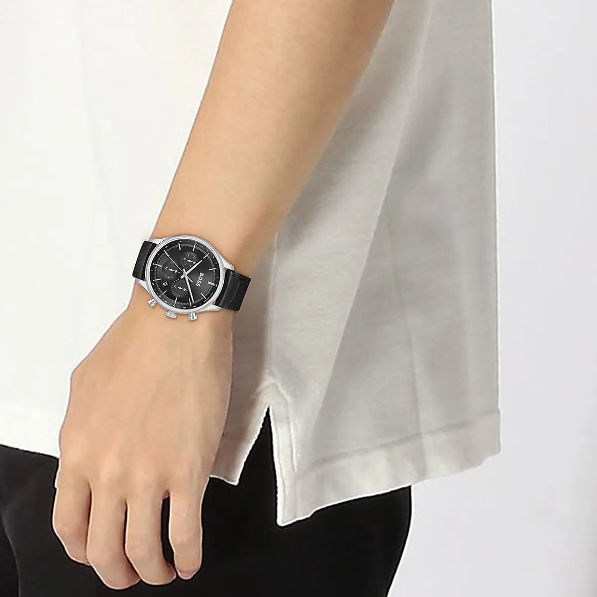 Hugo Boss Gregor chronograph watch worn on wrist with black leather strap