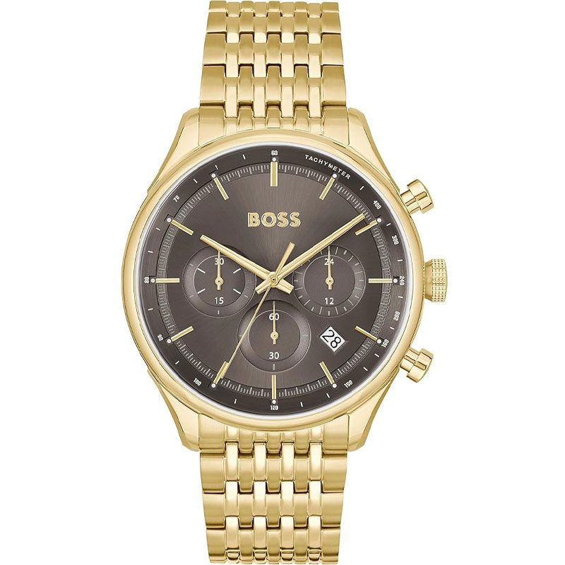Hugo Boss Gregor chronograph watch with grey dial and gold steel bracelet