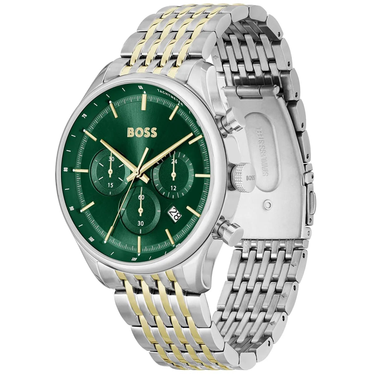 Hugo Boss Gregor watch shown at angle displaying green chronograph dial and two-tone metal bracelet