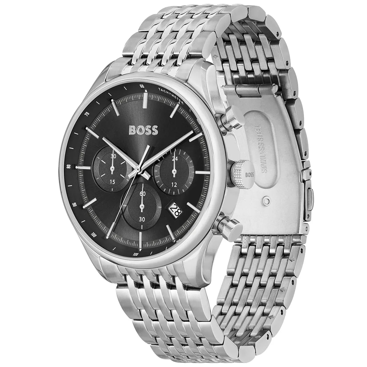 Hugo Boss Gregor chronograph watch side angle view with silver steel bracelet
