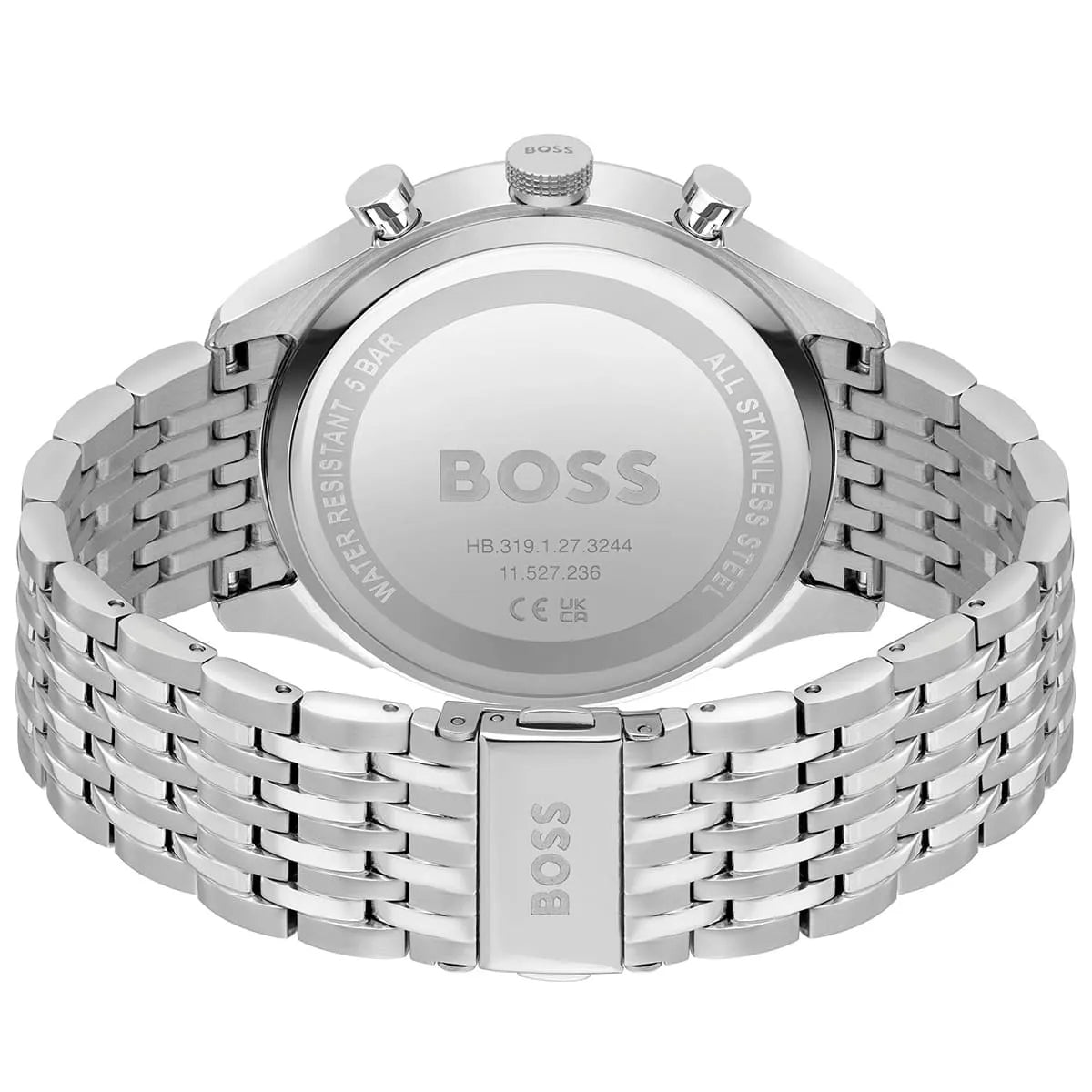 Hugo Boss Gregor caseback with silver steel bracelet detail