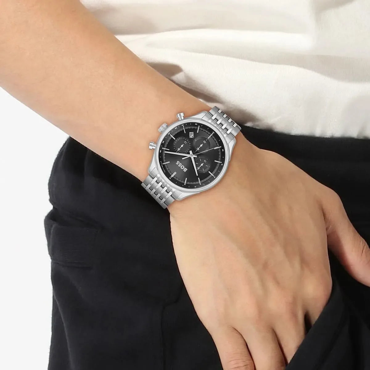 Hugo Boss Gregor chronograph watch worn on wrist with black dial