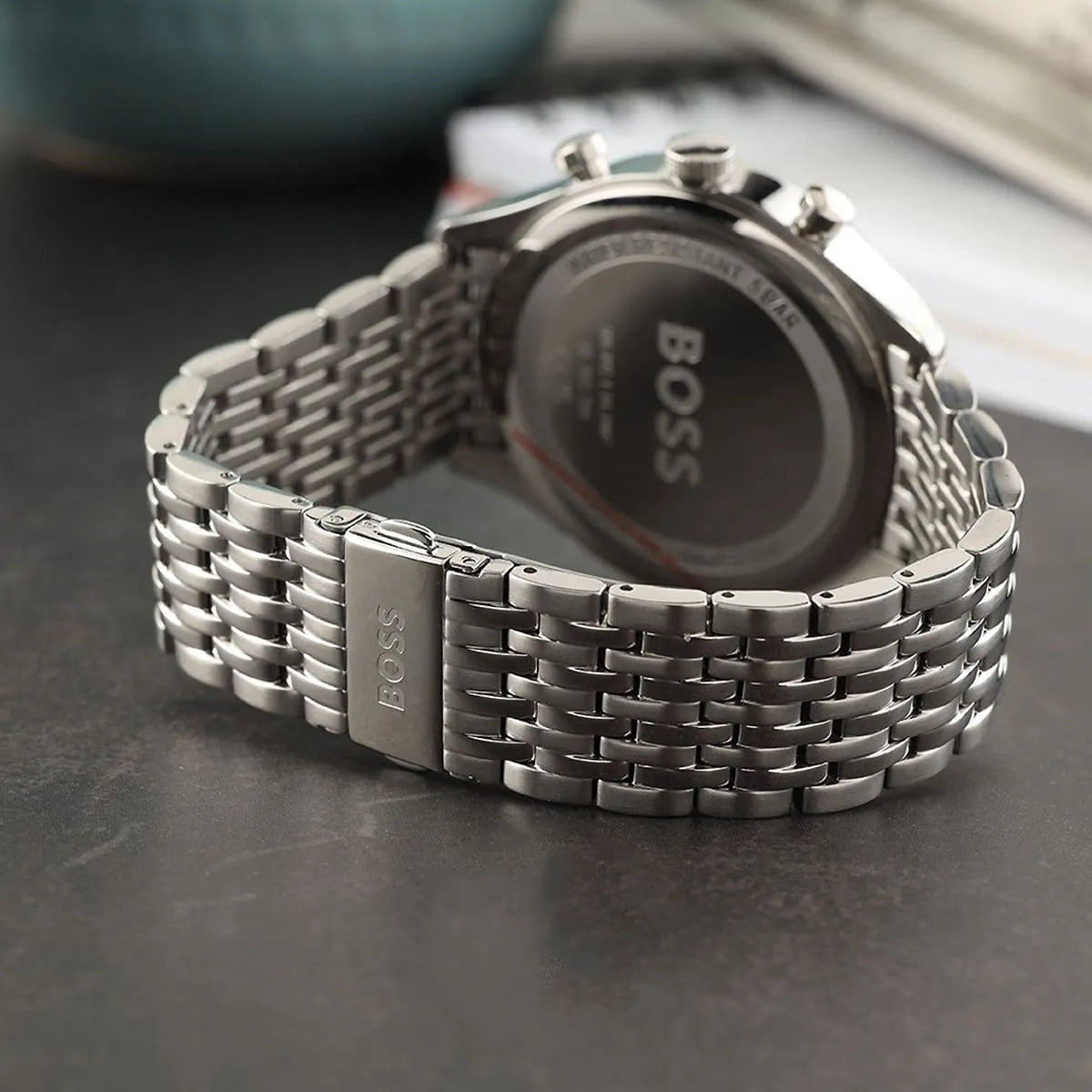Hugo Boss Gregor watch side view showing silver steel bracelet and case profile