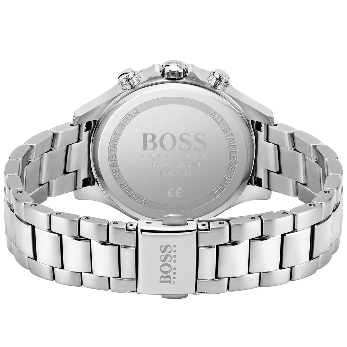 Hugo Boss Hera watch caseback displaying brand logo and model information on stainless steel