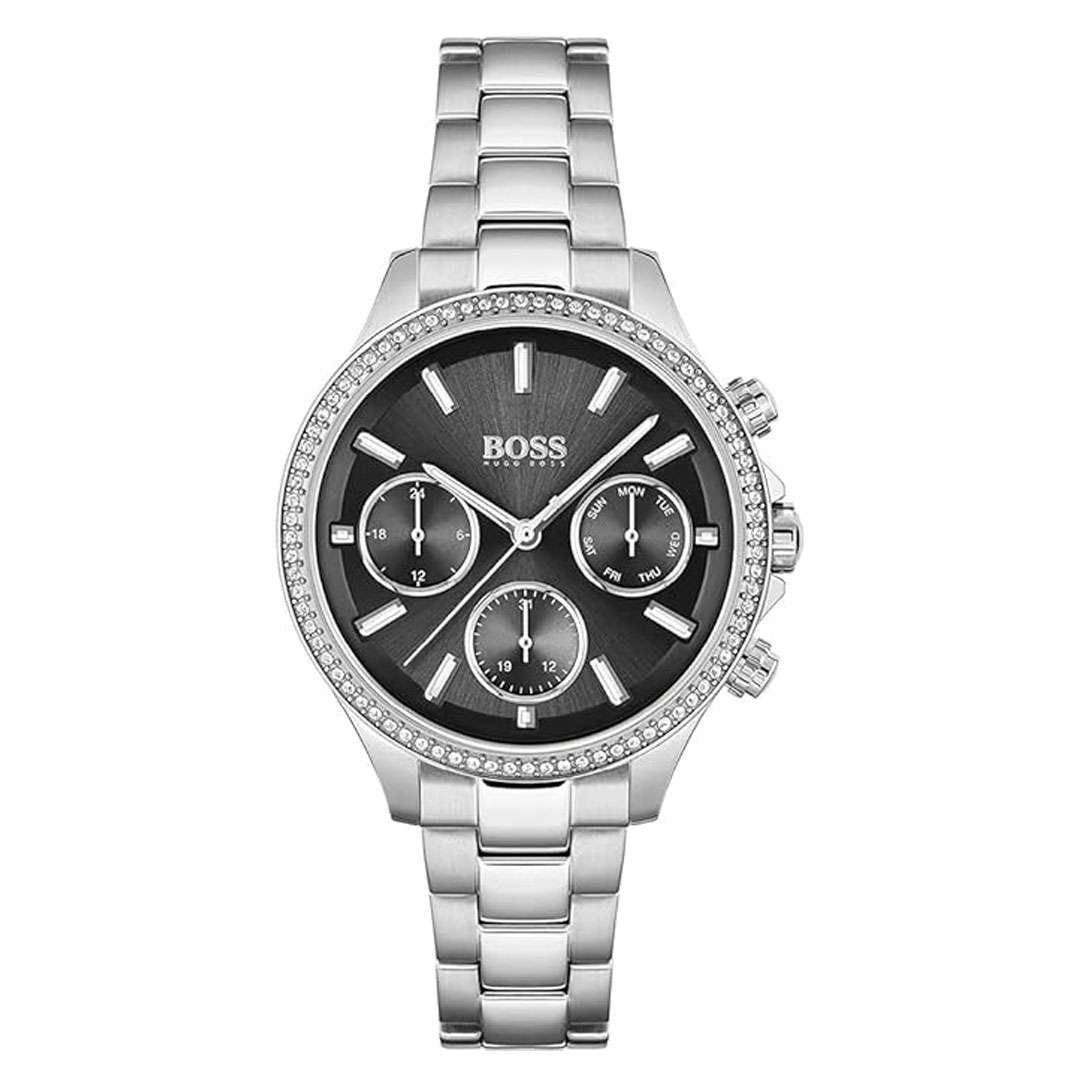 Hugo Boss Hera women's watch with black dial, crystal bezel, three subdials and stainless steel bracelet
