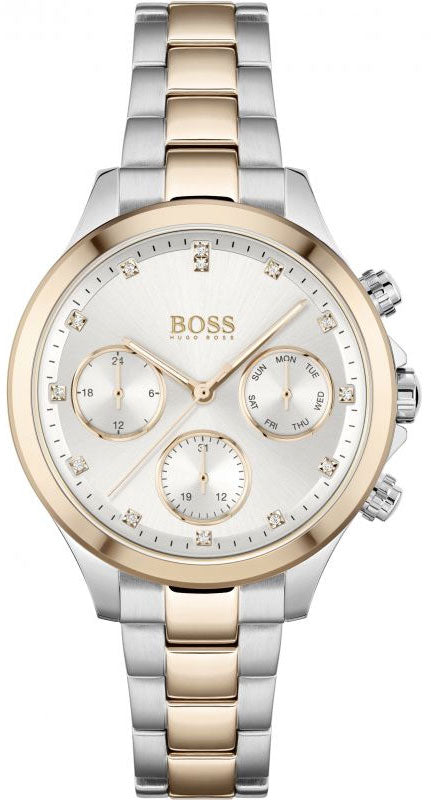 Hugo Boss Hera two-tone women's chronograph watch with white dial and diamond hour markers